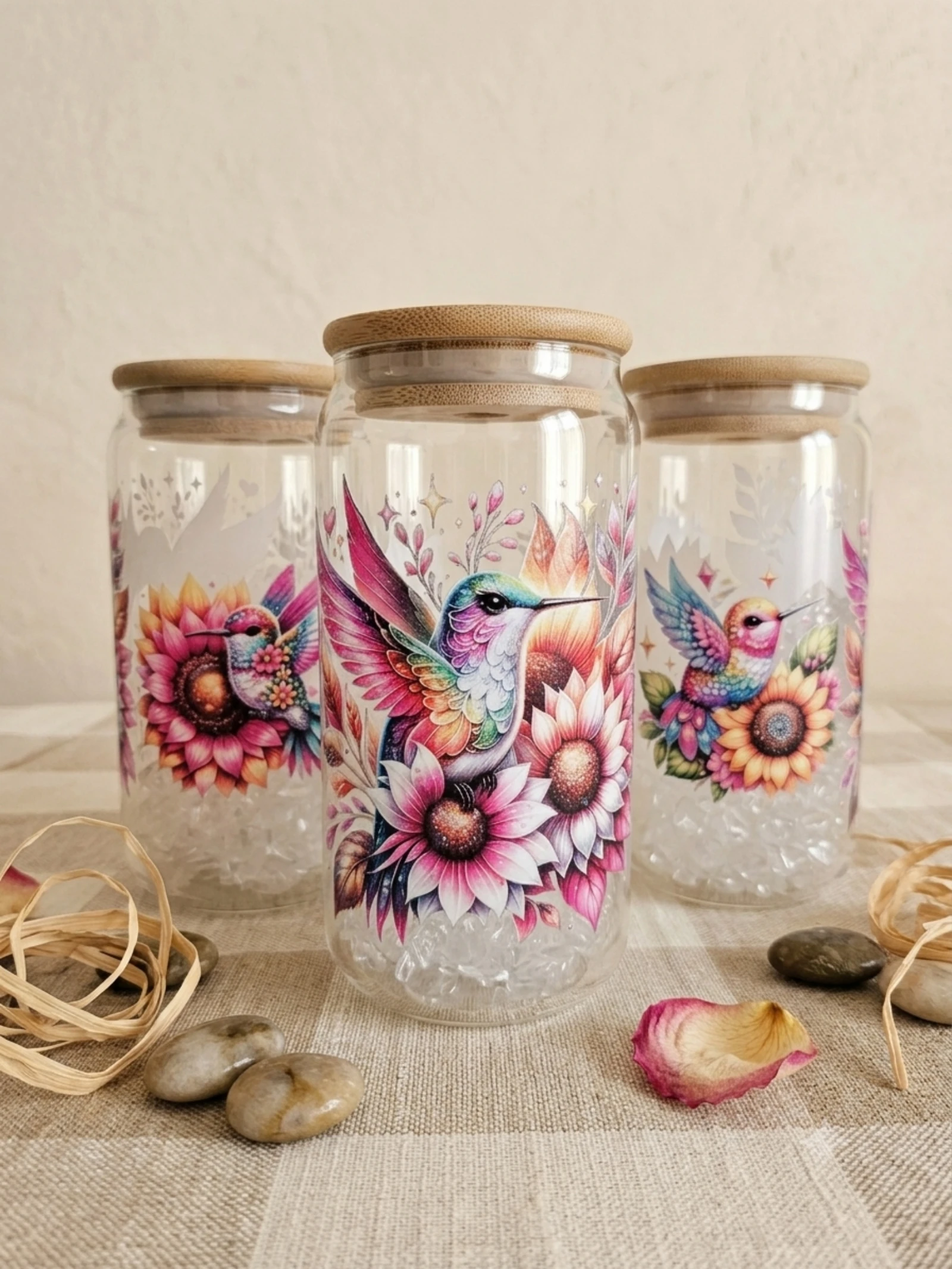 Verre canette avec paille en verre, couvercle en bambou et goupillon